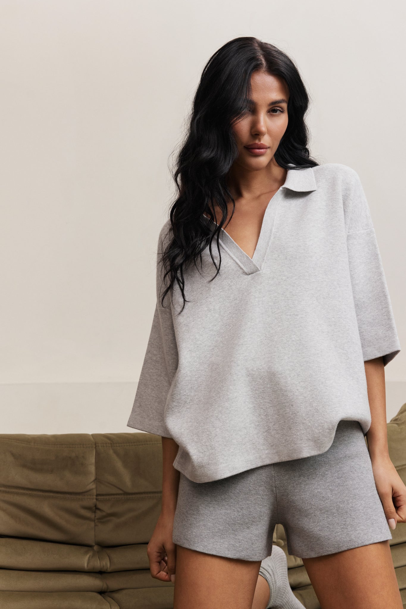 Olly V Neck Top - Grey Melange